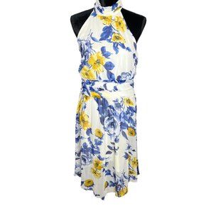 Enfocus Studio Dress Womens 10 Blue Yellow Sleeveless High Neck Floral Fit Flare